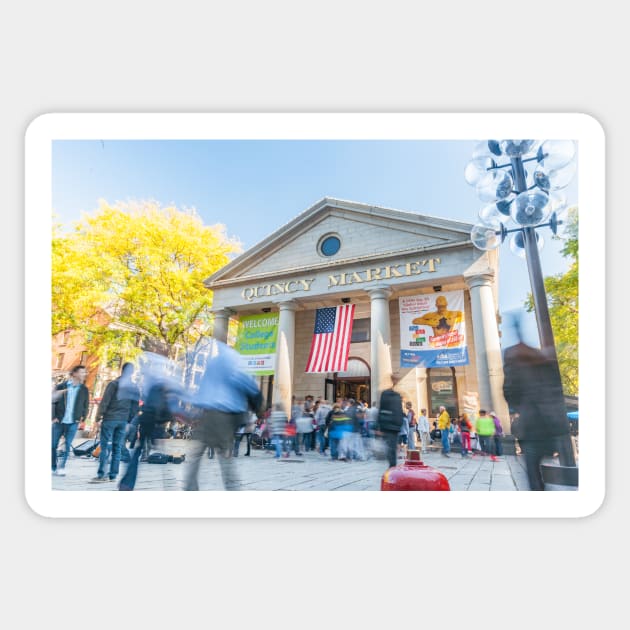 Boston USA - October 13 2014; Quincy Market hall in Faneuil Hall Marketplace an historic and popular retail market with local and tourists. Sticker by brians101